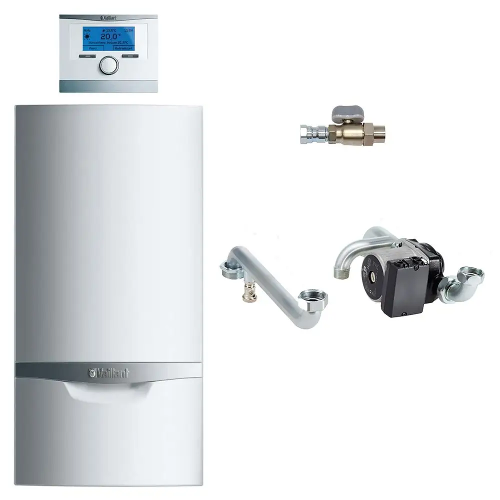 Vaillant Heizkessel mit digitalem Thermostat, Ventilen und weiteren Zubehörteilen auf hellem Hintergrund angeordnet.